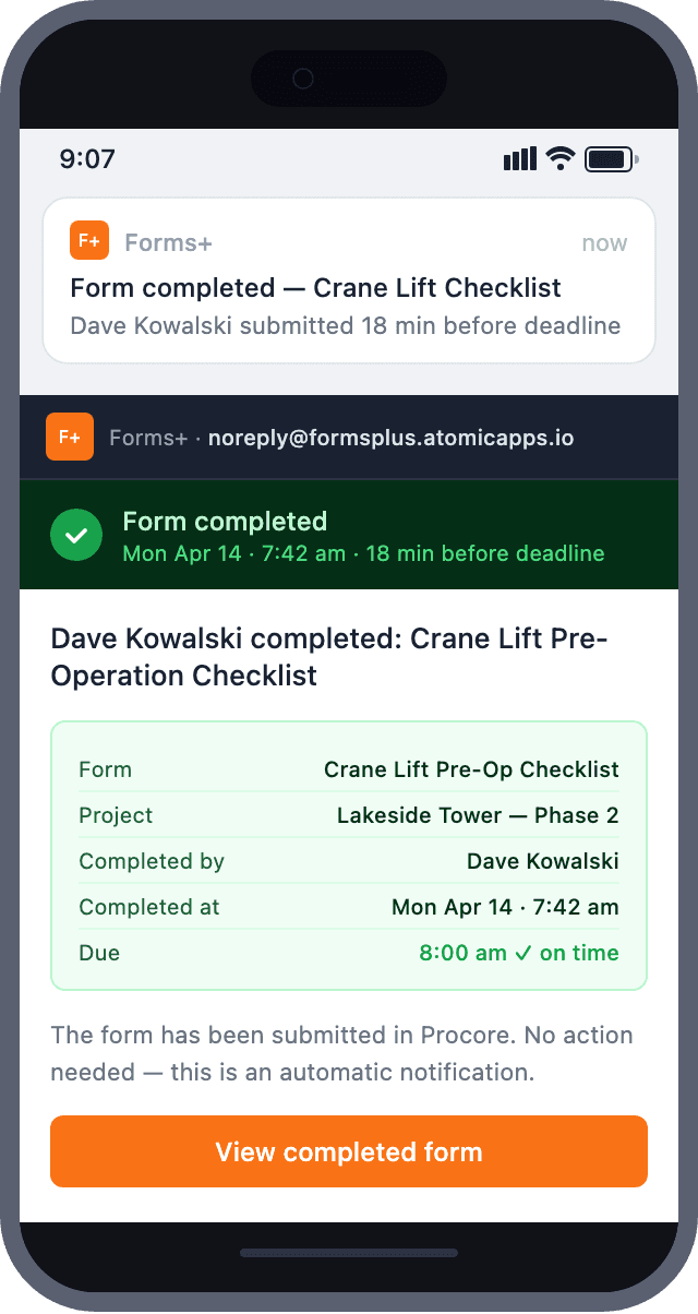 Mockup showing Procore form assignment and completion notifications
